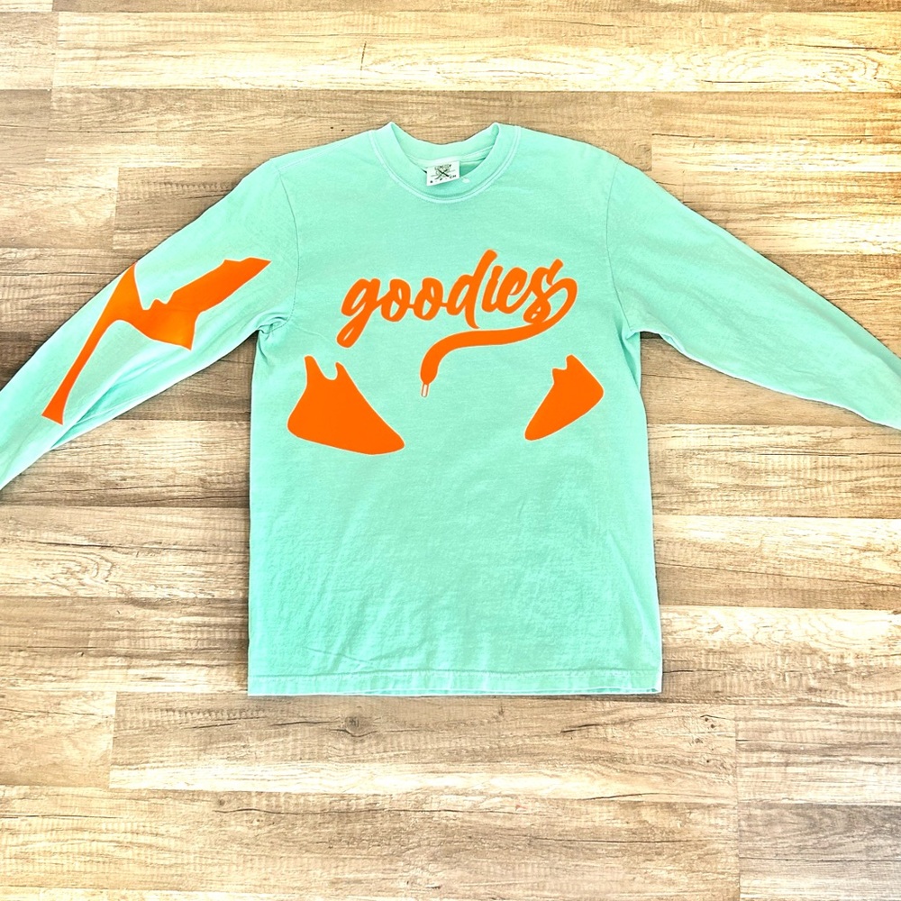 Mint Green Long Sleeve Tee with Orange Graphics